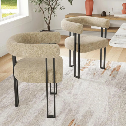 Set (2) Modern Bouclé Fabric Upholstered Dining Room Armchairs