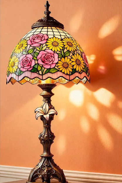 Elegant Floral Glass Table Lamp, Metal Sign Warm Beige