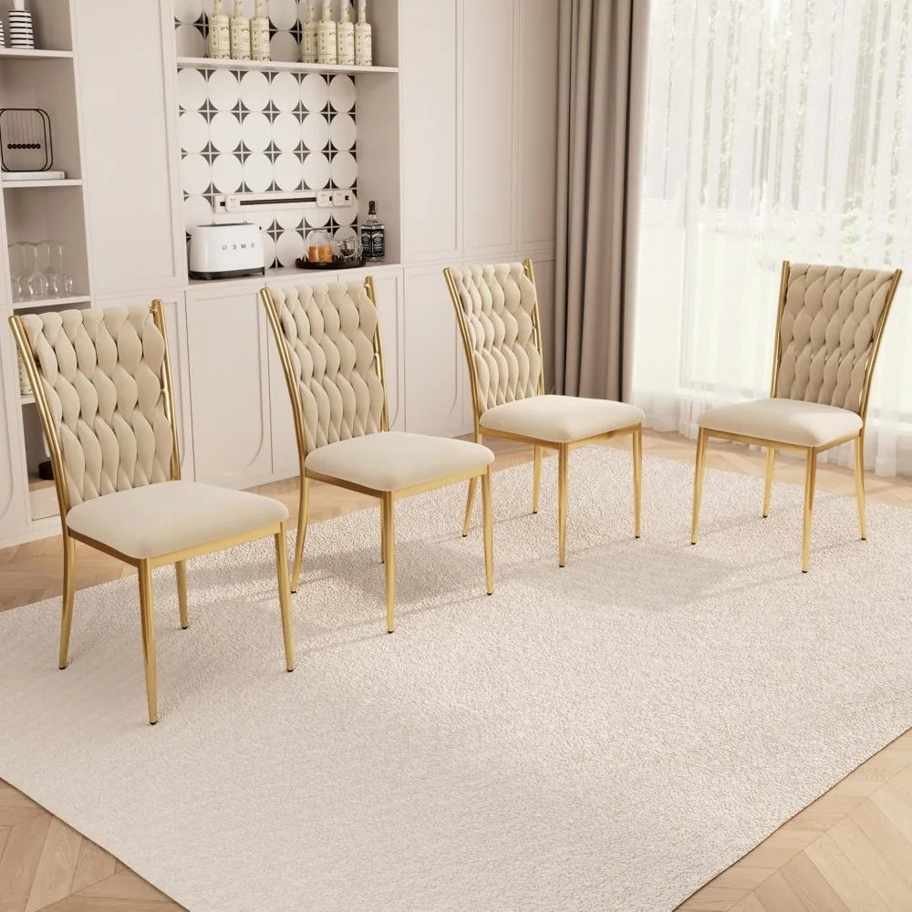 Set (4) Modern Velvet Upholstered Dining Chairs w/Gold Metal Legs