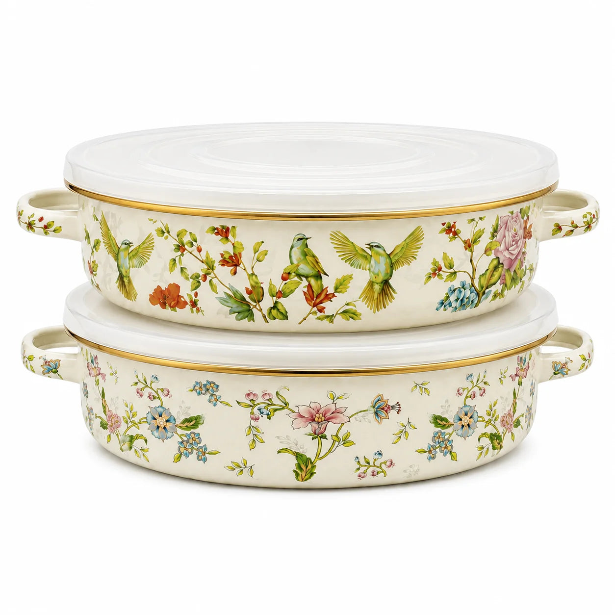11 Inch Enamel Pie Pan Vintage Floral Non-Stick Baking Dish w/Lid