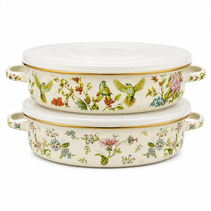 11 Inch Enamel Pie Pan Vintage Floral Non-Stick Baking Dish w/Lid