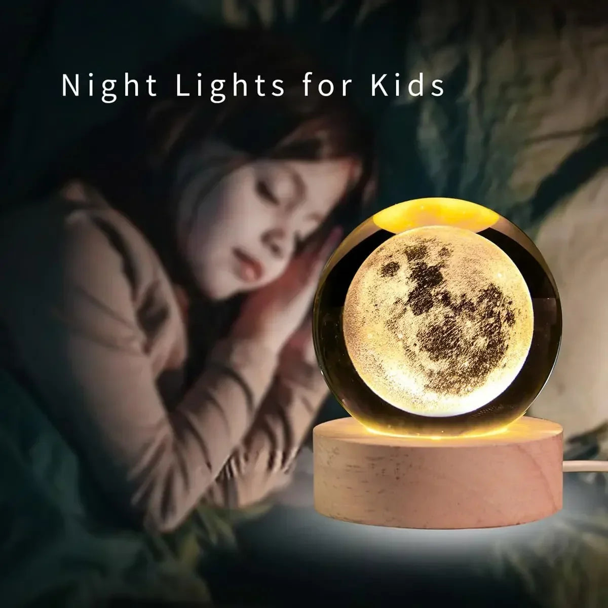 3D Moon Crystal Ball with LED Stand, Moon Glass Sphere Lamp, Space Planet Globe