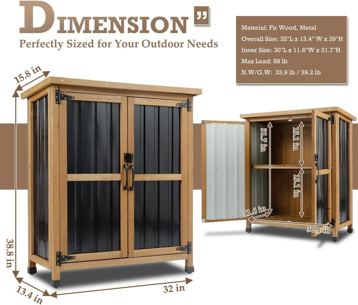32"x39" Outdoor Storage Shed, Garden Storage Cabinet