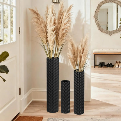 Set (3) Extra Large Black Tall Metal Decorative Vases, 27.6"