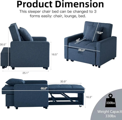 3-in-1 Convertible Sleeper Sofa, Futon Bed w/Reclining Backrest