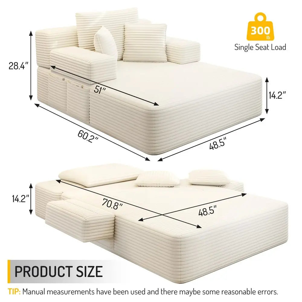 Oversized Boneless Convertible Chaise Lounge, Corduroy, 3 Pillows