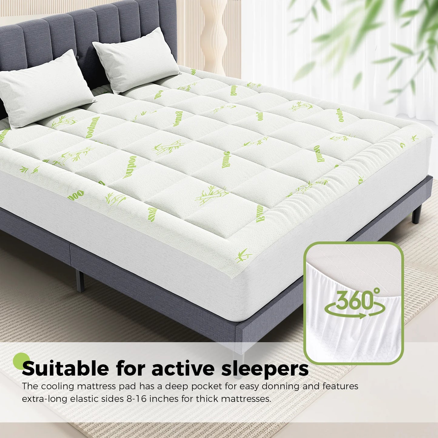 Breathable, Cooling Bamboo Fiber Soft Mattress Topper w/Deep Pockets