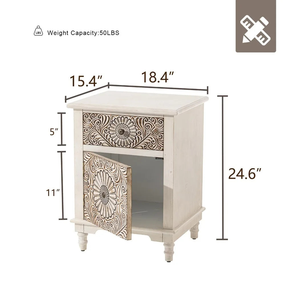 Flower Motif Nightstand w/Drawer & Storage, Fully-Assembled