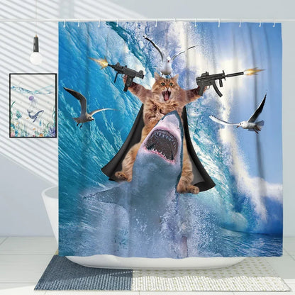 Cool Cat Riding Shark Seagull on Ocean Sea Blue Waves