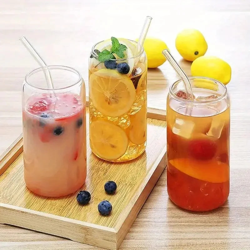 6pcs 18.6oz/550ml Drinking Glasses, Bamboo Lids, Glass Straw