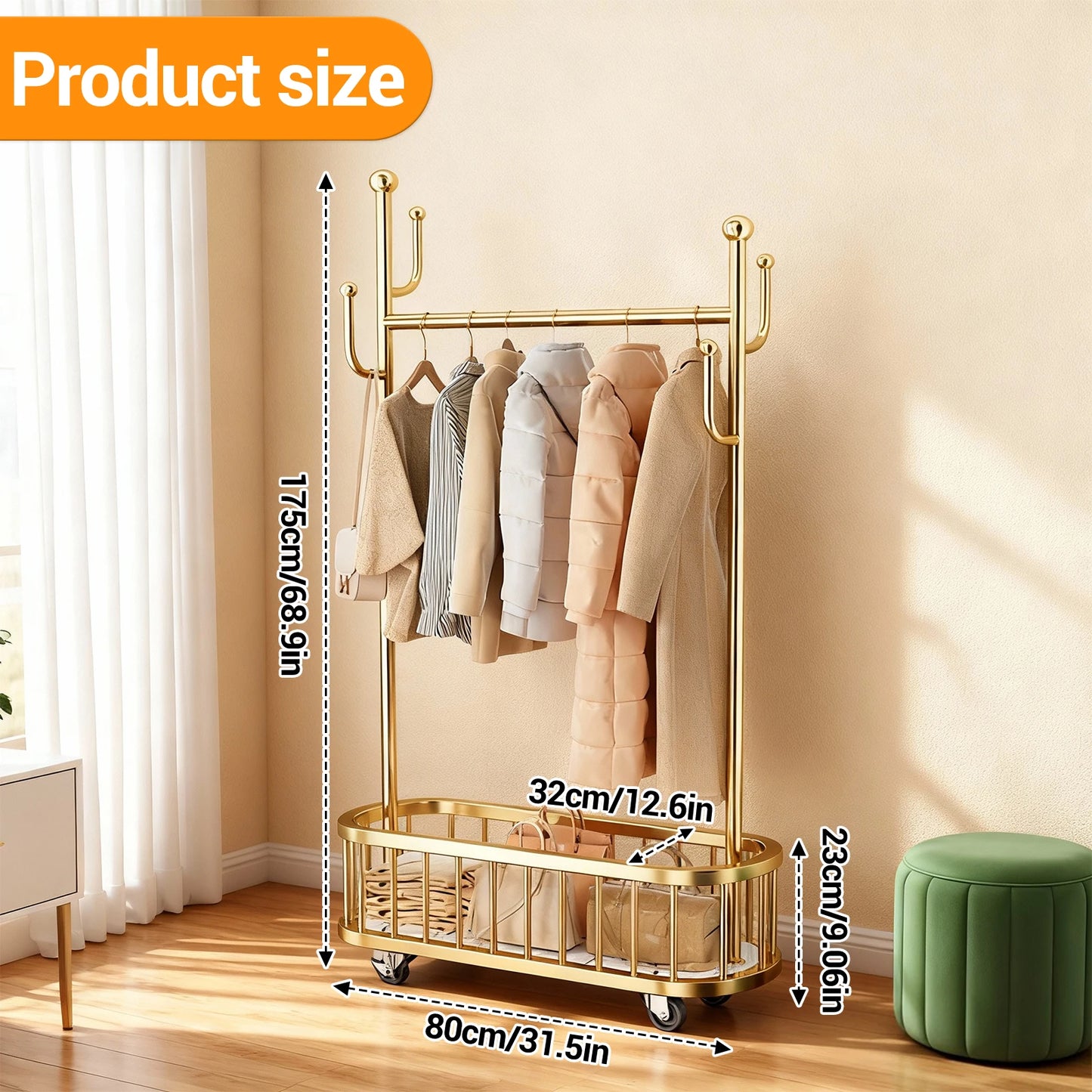 Movable Clothes Rail, Hanging Coat Rack with Storage Basket