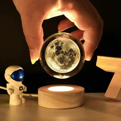 3D Moon Crystal Ball with LED Stand, Moon Glass Sphere Lamp, Space Planet Globe