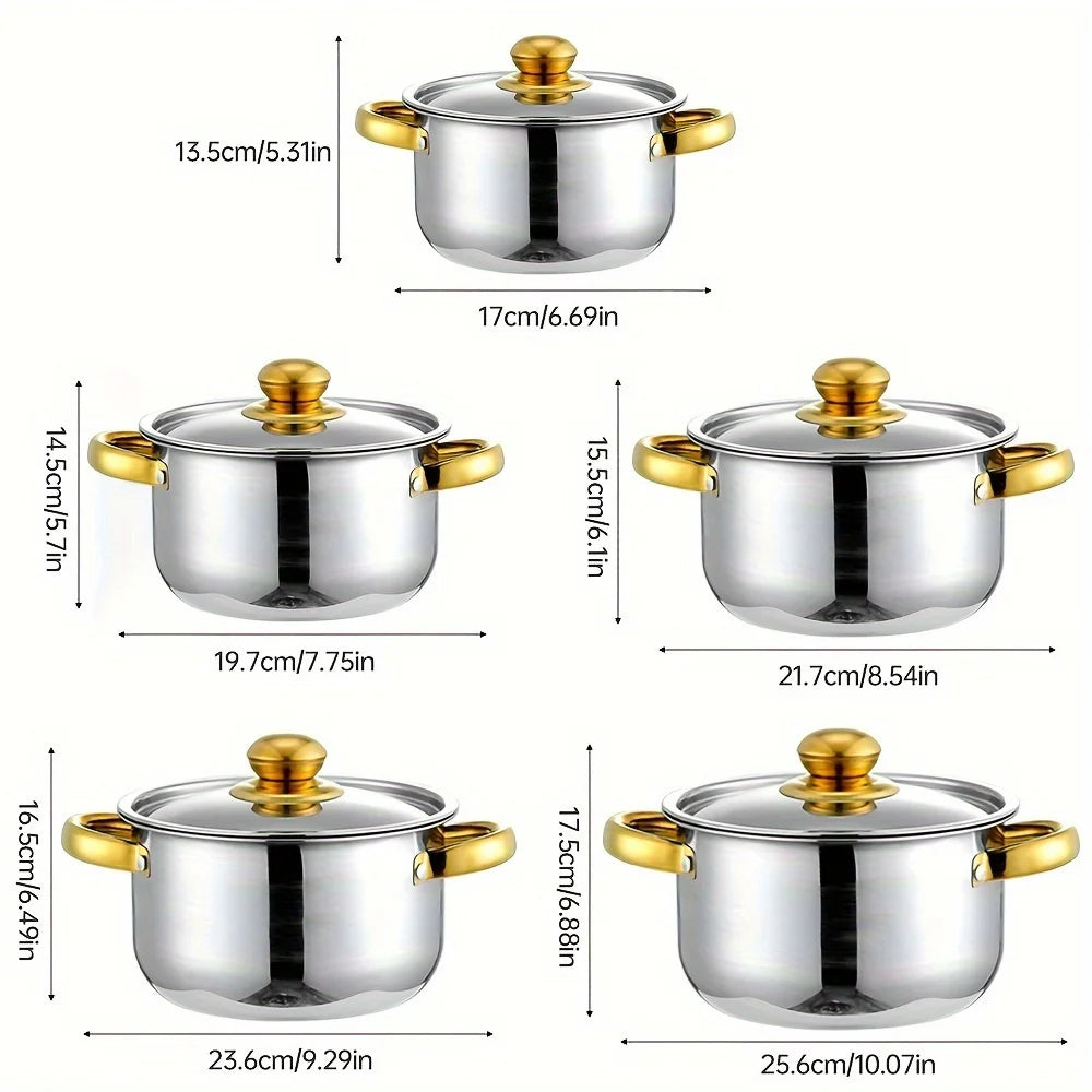 5pc Golden Stainless Steel Cookware Set - Durable, Multi-Purpose, Easy to Clean, Compatible with All Stoves, Non-Stick,