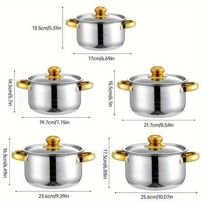 5pc Golden Stainless Steel Cookware Set - Durable, Multi-Purpose, Easy to Clean, Compatible with All Stoves, Non-Stick,