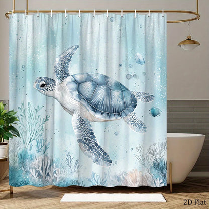 Sea Turtle Shower Curtain Blue Grey Coral Reef Underwater Design Polyester Fabric 12 Hooks Machine Washable Air Dry Modern Bathroom Decor Smooth Texture Turtle Theme Bathroom Curtain Waterproof Bath Curtain Ocean Style Bathro