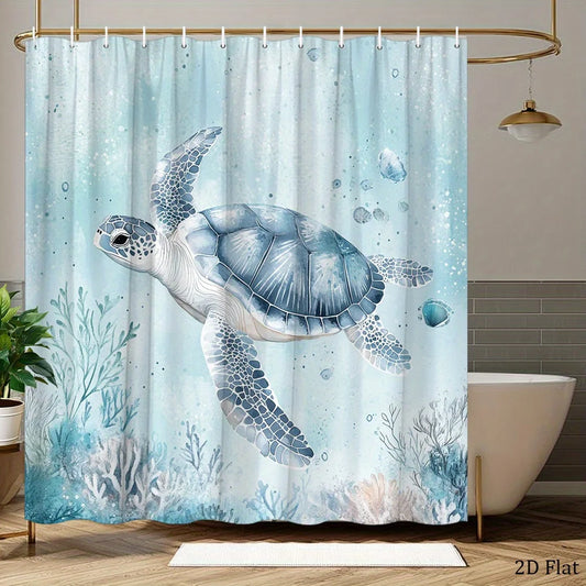 Sea Turtle Shower Curtain Blue Grey Coral Reef Underwater Design Polyester Fabric 12 Hooks Machine Washable Air Dry Modern Bathroom Decor Smooth Texture Turtle Theme Bathroom Curtain Waterproof Bath Curtain Ocean Style Bathro