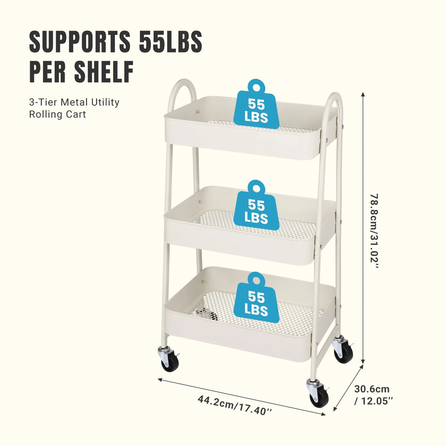 3 Tier Metal Storage Kitchen Cart with Lockable Wheels
