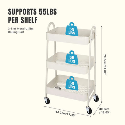 3 Tier Metal Storage Kitchen Cart with Lockable Wheels