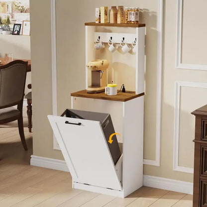 10gl. Coffee Bar, Kitchen Trash Bin Cabinet w/Hooks, Charging