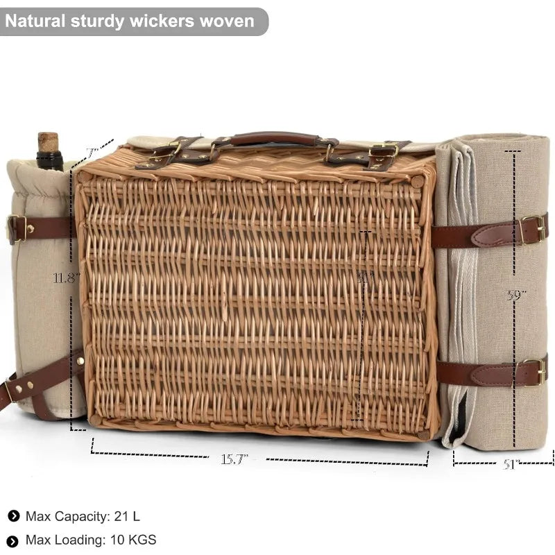Multi-use Insulated Wicker Picnic Basket for 2 w/Blanket, Table