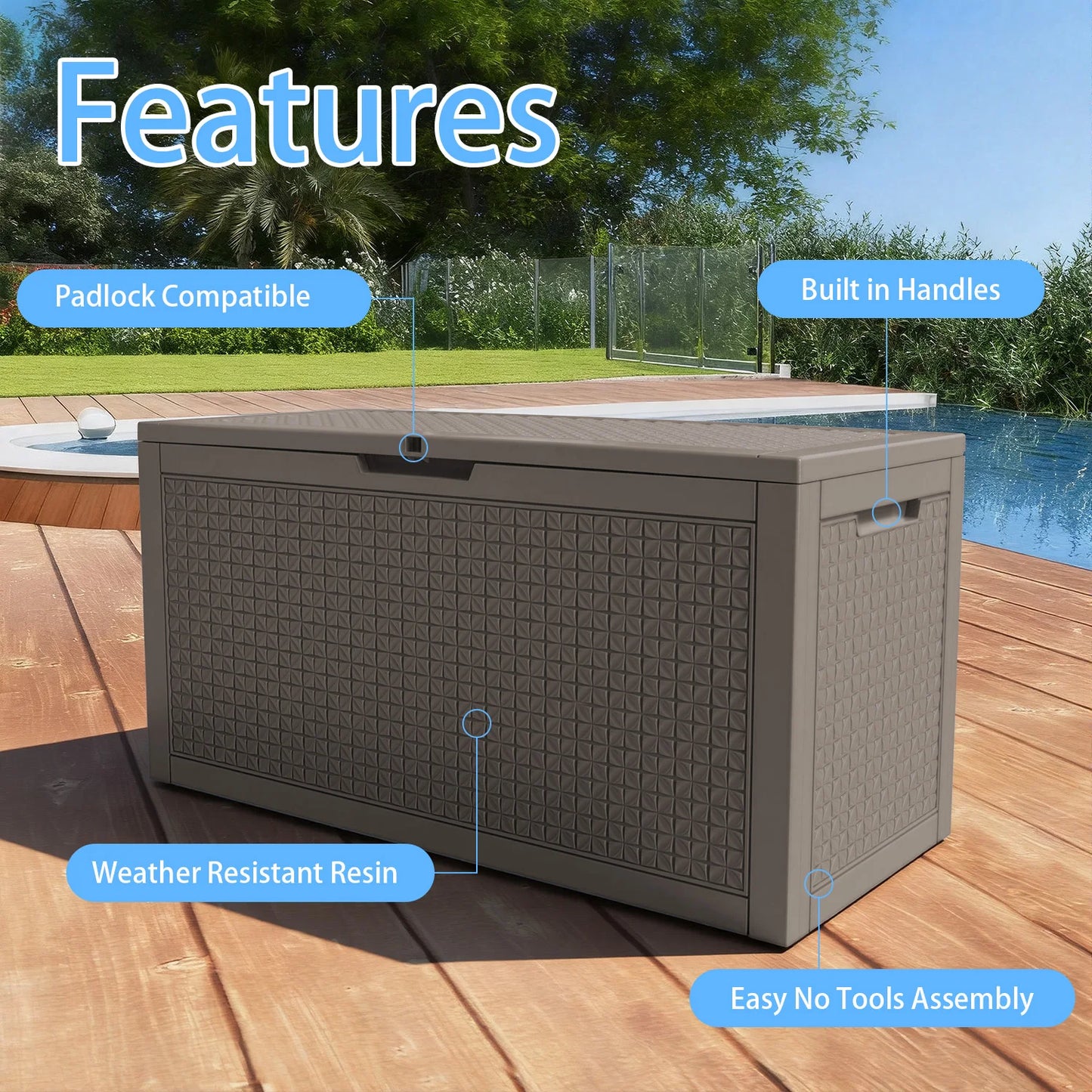 Lockable, Waterproof, 100 Gallon Resin Deck Box,