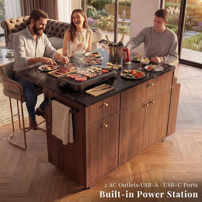 Large 52" Rolling Kitchen Island w/Drop Leaf, Hidden Trash Can