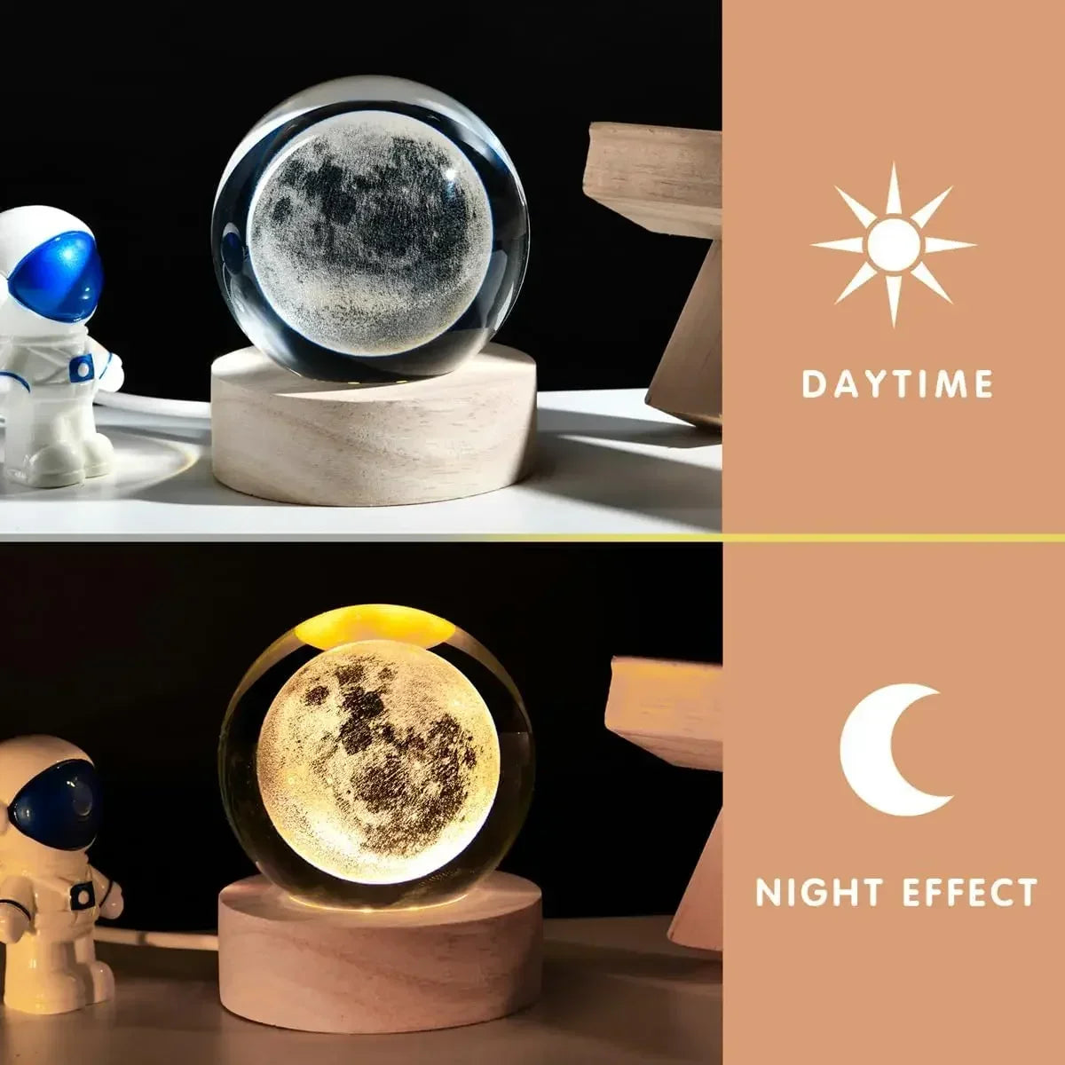 3D Moon Crystal Ball with LED Stand, Moon Glass Sphere Lamp, Space Planet Globe