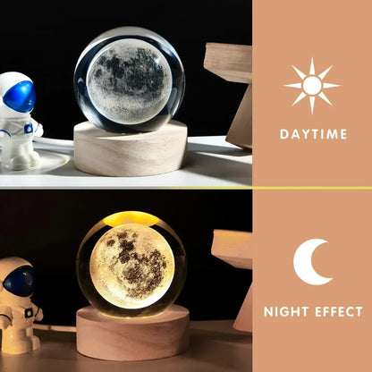 3D Moon Crystal Ball with LED Stand, Moon Glass Sphere Lamp, Space Planet Globe