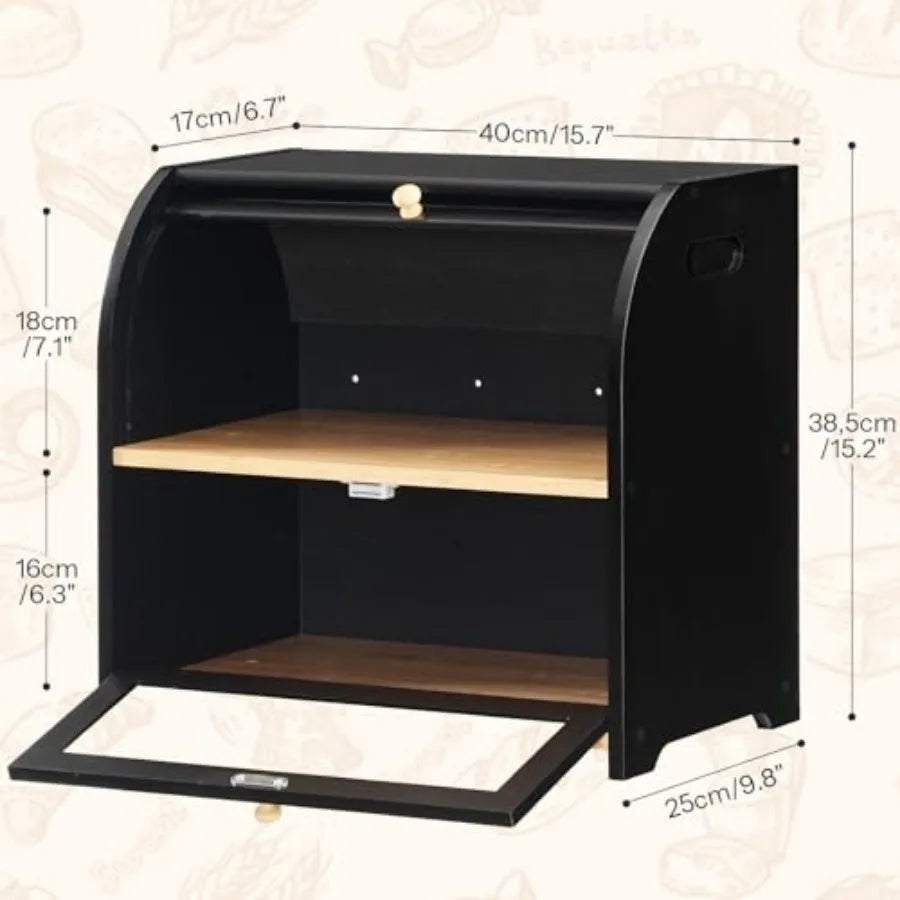 Bamboo Bread Box for Kitchen Countertop, 2 Tier Roll-Top Bread Bin