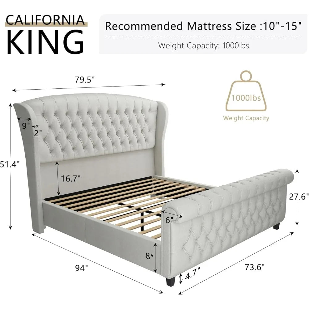California King Sleigh Platform Bed Frame, Upholstered Headboard & Footboard