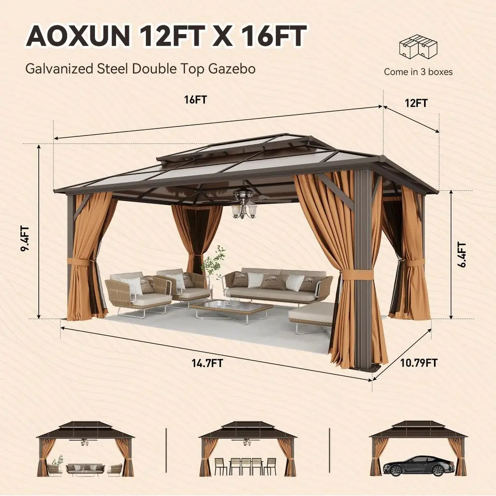 12x16 Outdoor Gazebo w/Double Polycarbonate Roof, Netting and Curtain