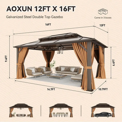 12x16 Outdoor Gazebo w/Double Polycarbonate Roof, Netting and Curtain