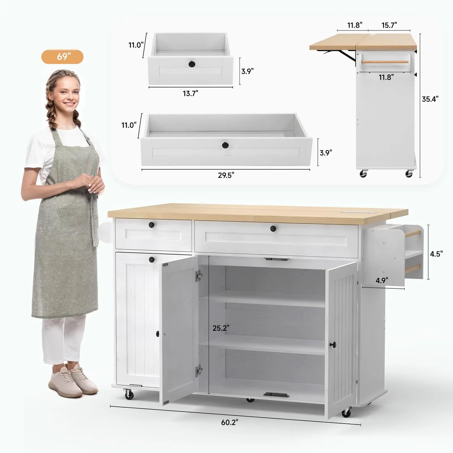 60" Rolling Kitchen Island Table, Drop Leaf w/Power Outlet