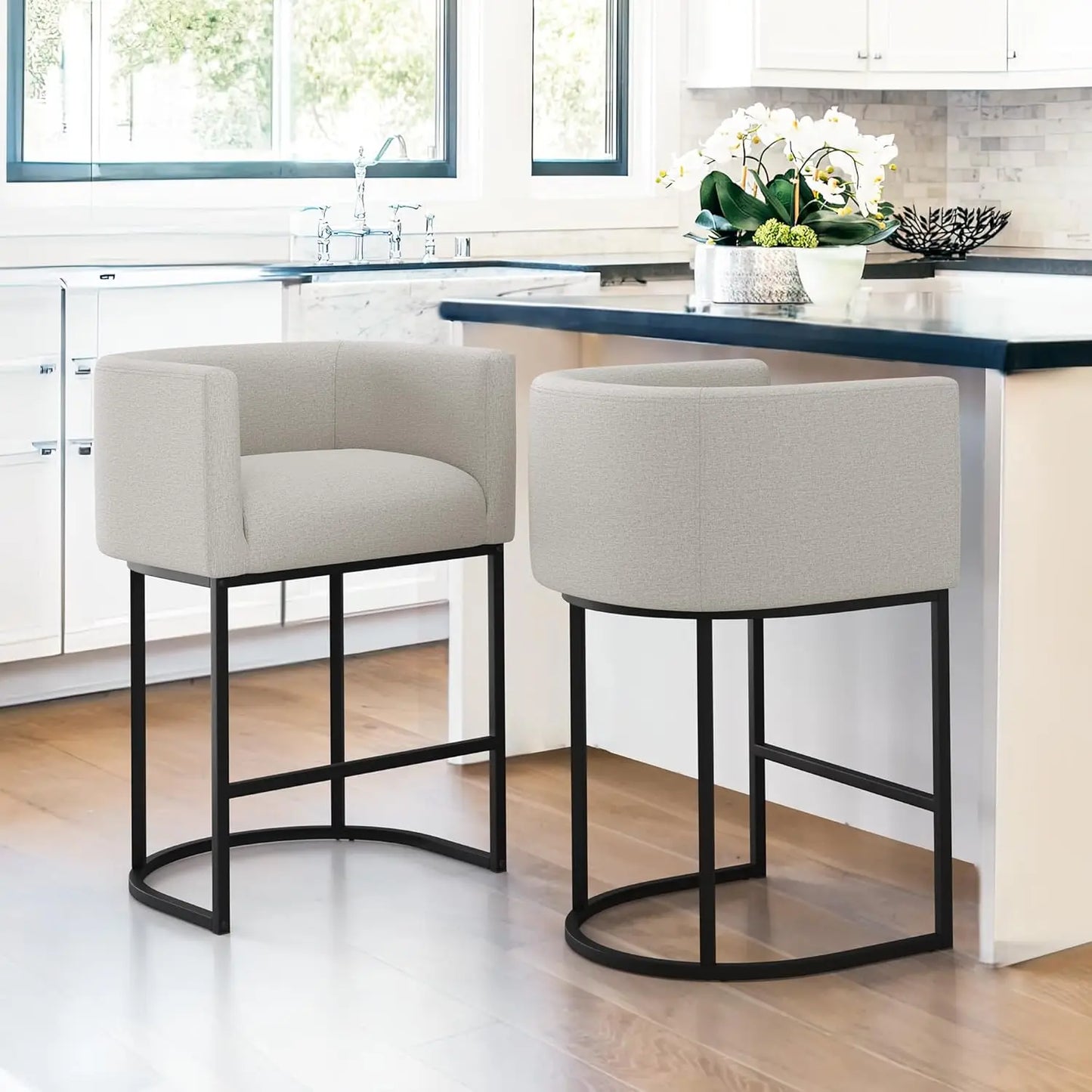 Set (2) 27" Modern Counter Stools w/Backrest and Arms, Black Frames