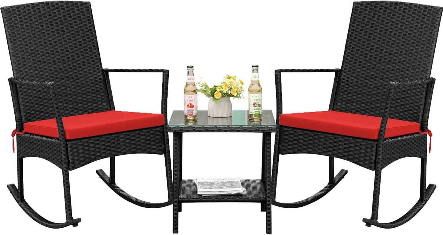 Outdoor High Back Rocking Chair Set w/Glass Table, Beige