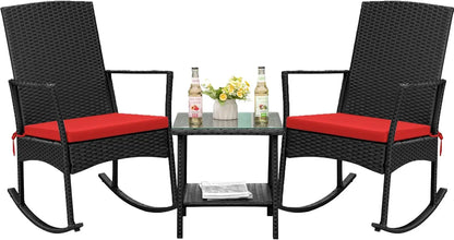 Outdoor High Back Rocking Chair Set w/Glass Table, Beige