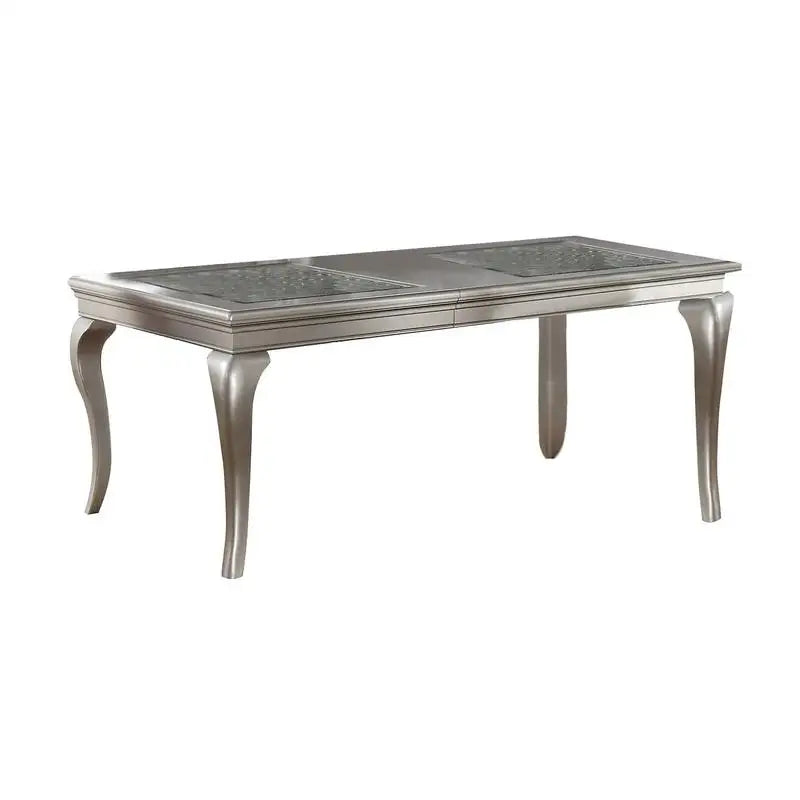 7pc Rect. Glass Dining Table, Silver Hue, 6 Tufted Side Chairs