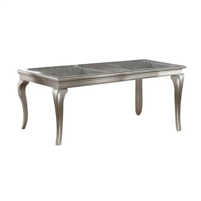 7pc Rect. Glass Dining Table, Silver Hue, 6 Tufted Side Chairs