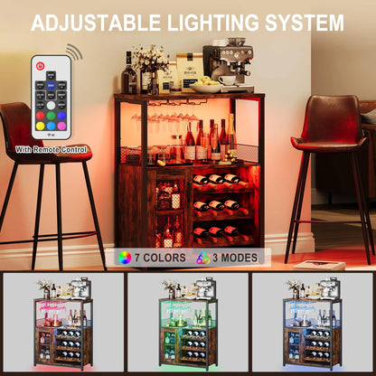 3-Tier Wine Bar Cabinet w/Adjustable Shelves & Glass Holders