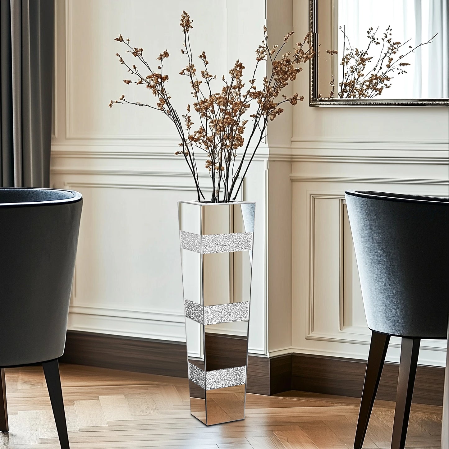Tall Crystal Mirrored Diamond Floor Flower Vase