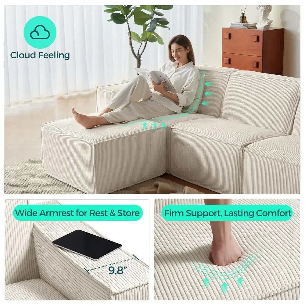 L Shaped 4 Seat Sectional Sofa, 134" Boneless Couch w/Movable Ottoman, Corduroy