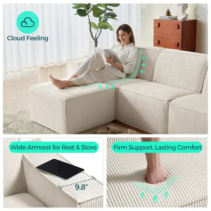 L Shaped 4 Seat Sectional Sofa, 134" Boneless Couch w/Movable Ottoman, Corduroy