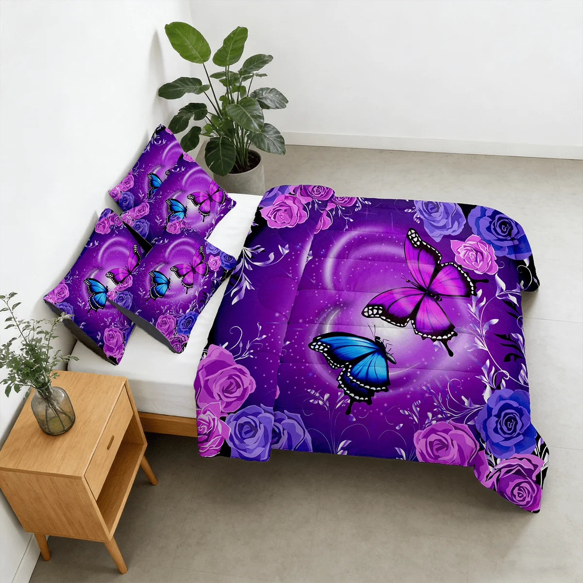 2/3pcs Purple Butterfly Rose Print Comforter Sets