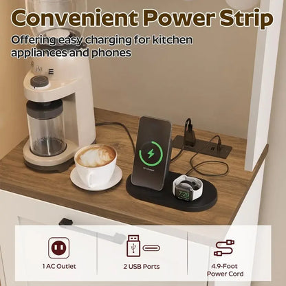10gl. Coffee Bar, Kitchen Trash Bin Cabinet w/Hooks, Charging