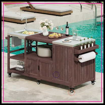 75.4" Outdoor Stainless Top Kitchen Island w/Sink, Rolling BBQ Cart