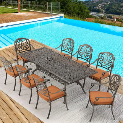 9pc Aluminum Patio Furniture Set, 86.6" Rectangular Table and Cushions