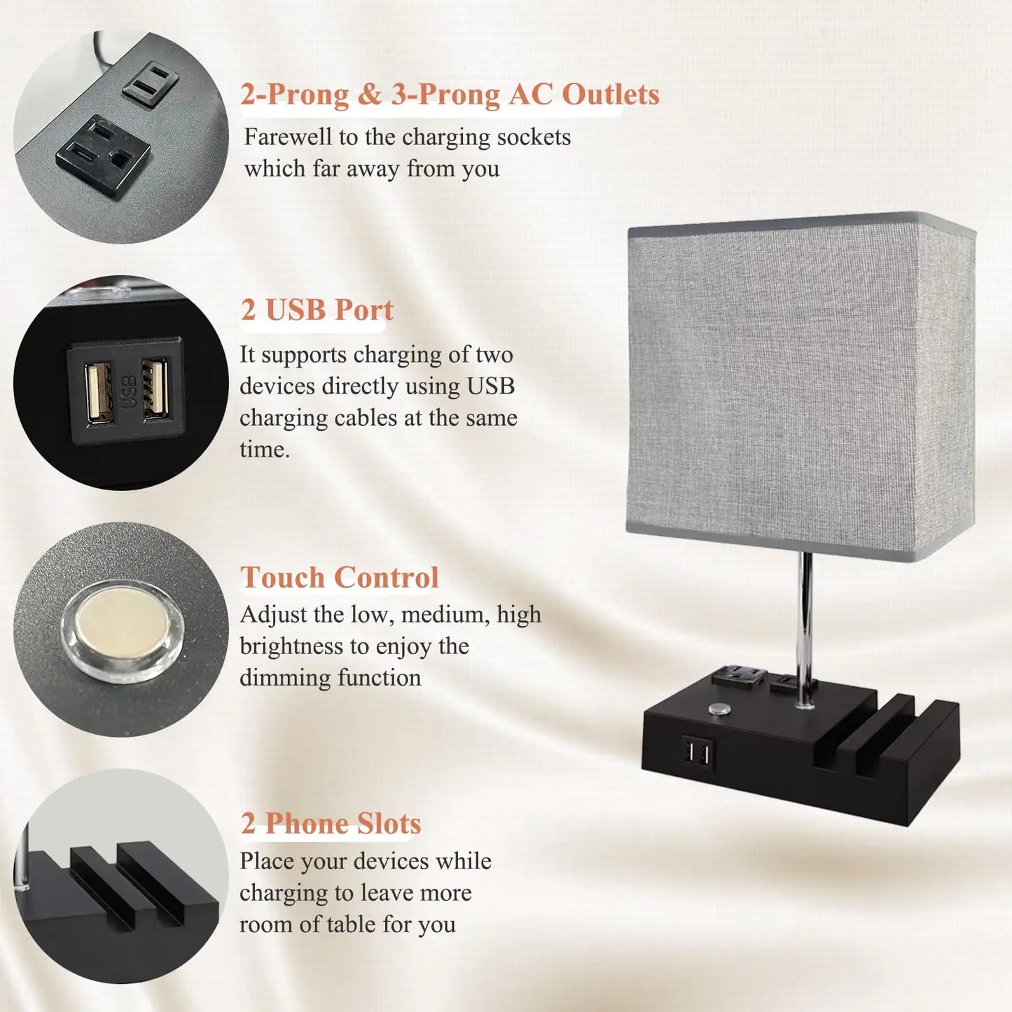 15.7" Bedside Dimmable Lamp, Dual USB Charging Ports