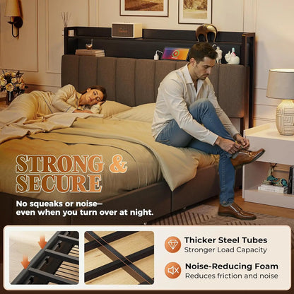 Queen Bed Frame, Upholstered Headboard, 4 Drawers, Charging Station,
