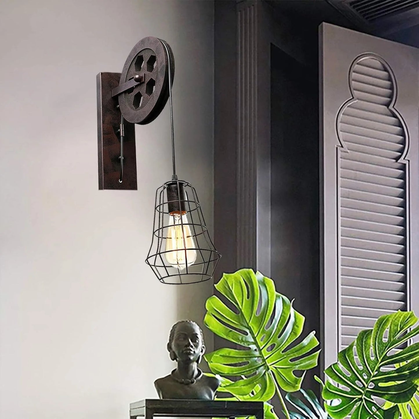 19" Lift Pulley Farmhouse Wall Sconce w/Iron Cage Lampshade