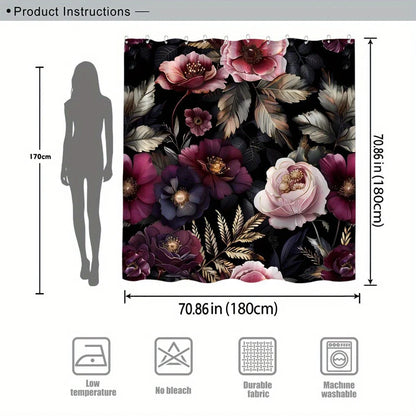 Magenta, Pink, Purple, White Flowers on Black, Polyester, Shower Curtain
